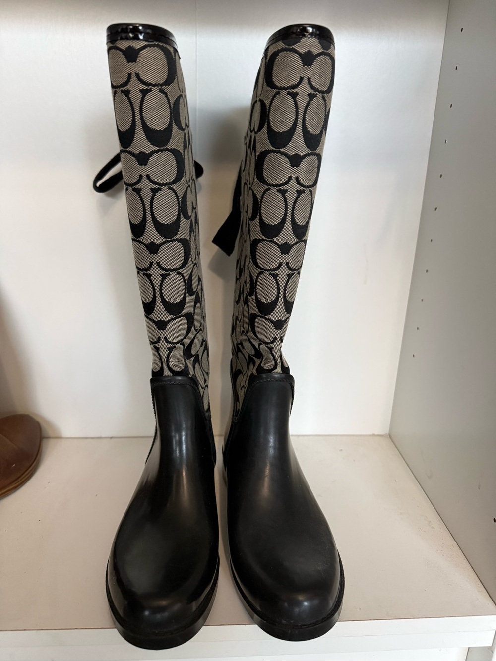 Coach Tristee Signature Tall Rain Boots – Black/Gray Monogram – Waterproof